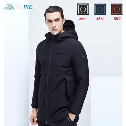 SUPIELD Smart Heating Down Jacket Men USB Electrical Heated Goose Down Mid-length Coat Hooded Male Winter Thermal Warmer Jackets