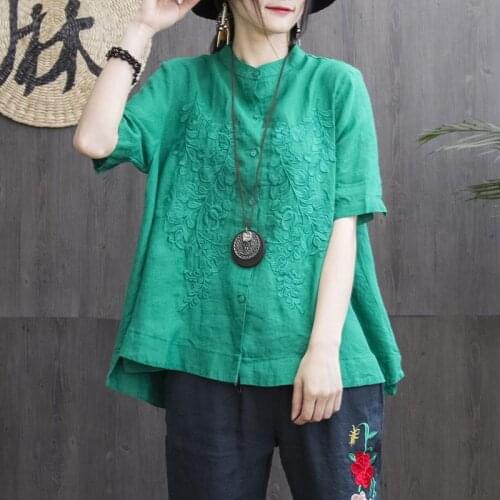 New Summer Style Women Shirt Plus Size Short Sleeve Loose Embroidery Cotton Linen Blouse Big Ladies Tops Femme Blusas