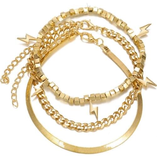 3pcs/set Alloy Multilayer Geometric Lightning Pendant Anklet 2021 Summer Beach Foot Jewelry Fashion Anklets for Women