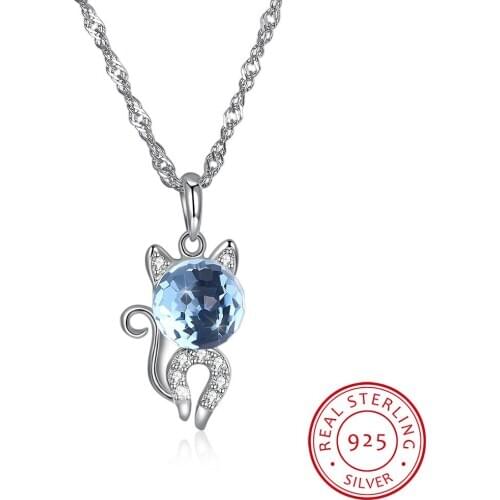 LEKANI Crystals Cute Cat Pendants Necklaces Real 925 Silver Chain Collars For Women Girls Fine Animal Jewelry