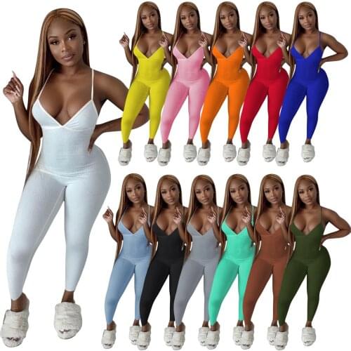 Sexy Ribbed Suspender Jumpsuit Summer Women Solid Color Cross Backless Skinny One Piece Romper