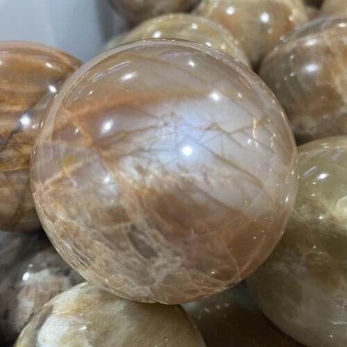 Natural Gemstone Orange Yellow Moonstone Crystal Sphere Moon Rock Stones Aura Flash Quartz Mineral Precious Home Decoration