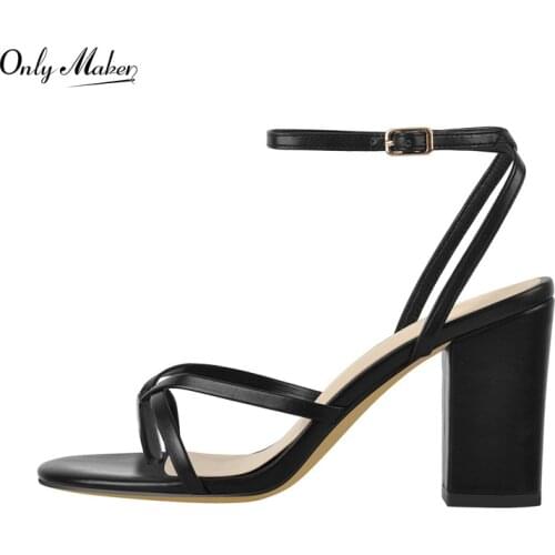 Onlymaker High Heels Sandal Flip Flops Women Matte Black Round Open Toe Sandals Ankle Buckle Cross Tie Chunky Heels