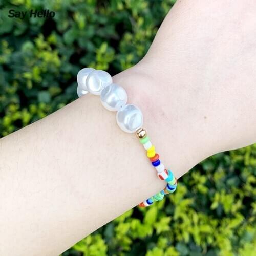 SAY HELLO Acrylic Pearl Colorful Rainbow Beaded Bracelets for Women Cute Boho Style Metal Alloy Bangles Bracciali Pulsera I0319