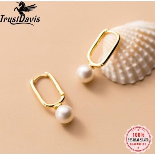 TrustDavis 1Pcs 925 Sterling Silver Fashion Sweet Ellipse Synthesis Pearl Charm Hoop Earring For Women Wedding Jewelry DA2354