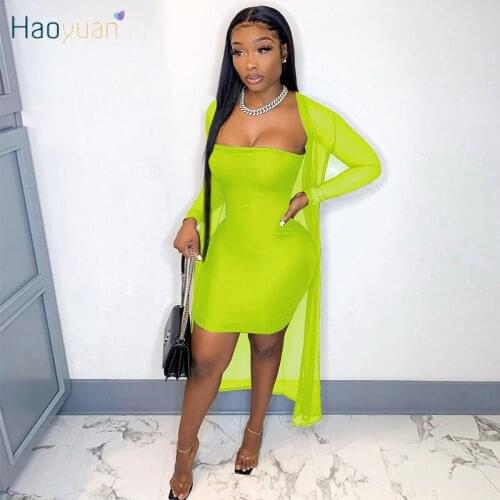 HAOYUAN Sexy Two Piece Set Women Mesh Sheer Cardigan Top and Off Shoulder Bodycon Mini Tube Dress Club Rave Outfit Matching Sets