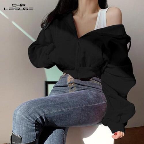 CHRLEISURE Hoodies Sweatshirts Long Sleeve Pockets Zipper Pure Color Hooded Pocket Short Zipper Cardigan Sweater Coat