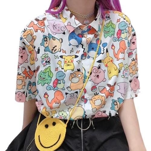 2021 New Summer Kawaii Shirt Female Japanese Harajuku Cute Retro Cartoon Small Animal Print Loose Short Sleeve Women Shirt y2k