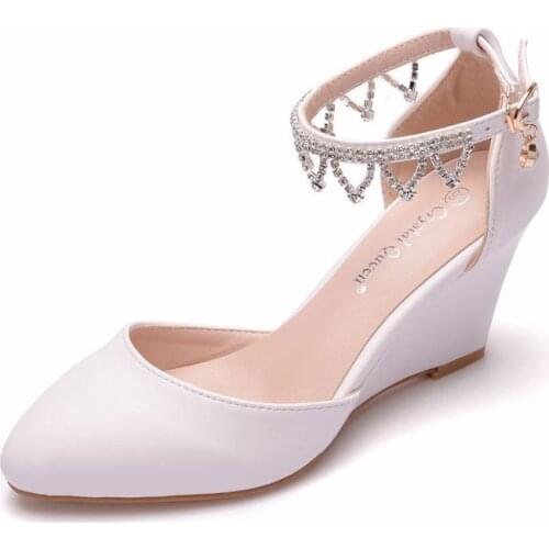Women sandals wedding Party banquet PU Rhinestones Buckle Strap 7.5CM Wedges High Heels Pointed Toe women sandals size 35-42