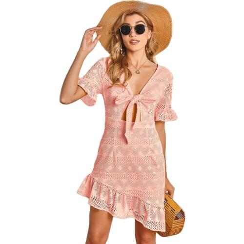 Dresses Woman Summer 2021 Summer New Fashion Hot Selling Temperament V-Neck Sexy Irregular Hollow Dresses Women