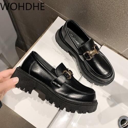 2021 Shoes Women PU Leather Platform Shoes Casual Buckle Shoes Ladies Thick Sole Slip on Flats Creepers Oxford Leather Shoes