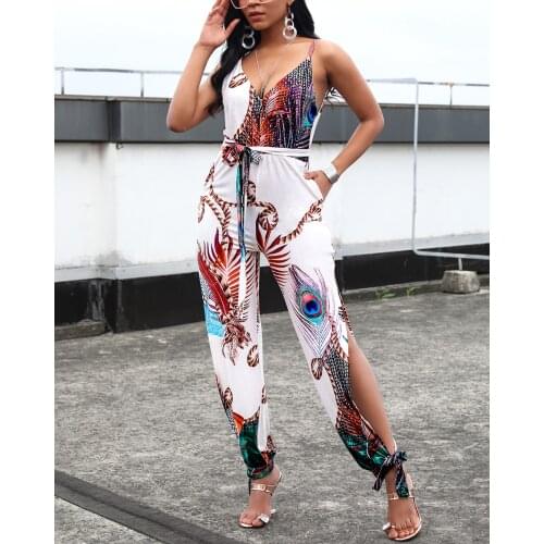Fashion Summer Outfits Women V Neck Sleeveless Peacock Print Slit Casual Beach Wear Spaghetti Strap Jumpsuits Combinaison Femme