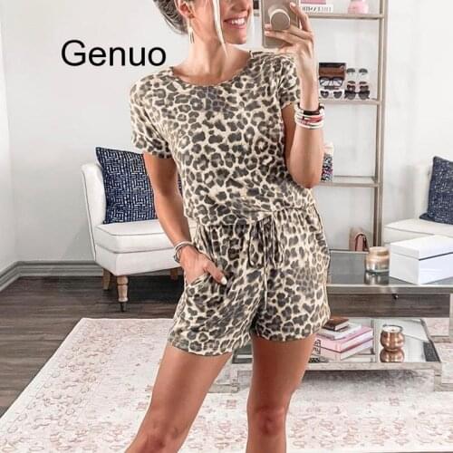 Fashion O-Neck Drawstring Leopard Casual Pants Ladies Short Sleeve T-Shirt Two Pieces Jumpsuit Women Summer 2020 Suit