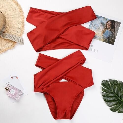 Women Sexy Bandage Cross Style Red Solid Color Swimwear Female Two Pieces Set Outfit