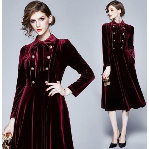 WTIANYUW Velvet Long Dress Women Winter Long Sleeve Bow Office Vintage Fashion Double Breasted Party Dress 2021 New