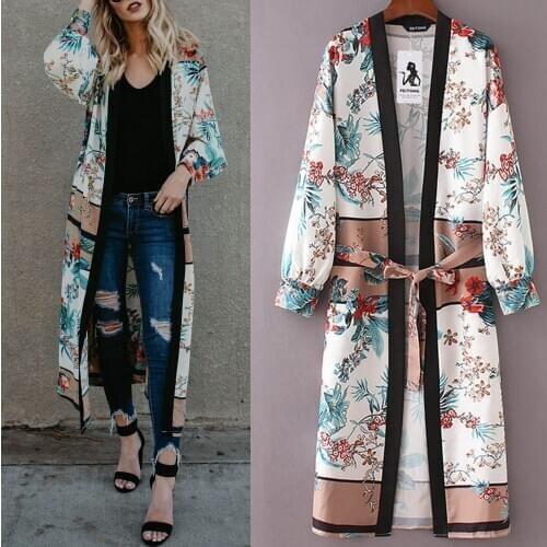2021 New Long Kimono Cardigan Womens Blouse Belt Bandage Shawl Print Casual Kimono Cardigan Top Bikini Cover Up Blouse Beachwear