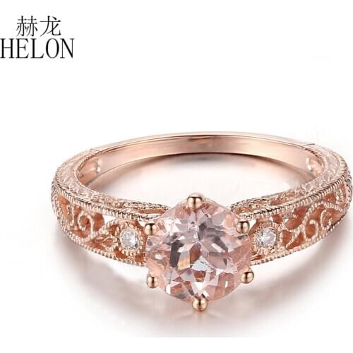 HELON Solid 10K Rose Gold Flawless Round 1.37ct Natural Morganite & Diamond Engagement Gemstone Women Vintage Fine Jewelry Ring