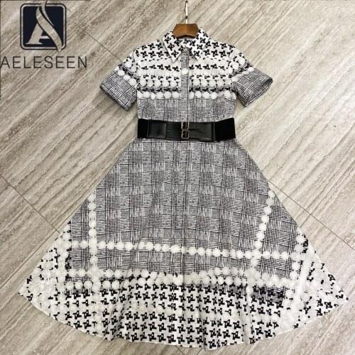 AELESEEN Office Ladies 100% Cotton Dress Women 2021 Runway Fashion Black White Plaid Print With Belt Long Elegant Dresses