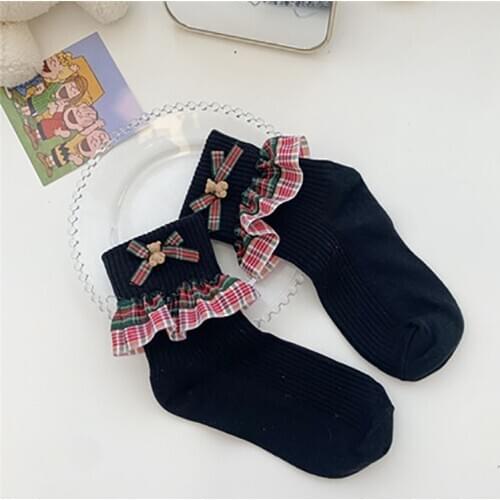 Winter Japanese Women Lolita Socks Ruffles Bowknot Bear Cute Loli Sock Lattice Kawaii Cotton Maid Tube Stocking College Student