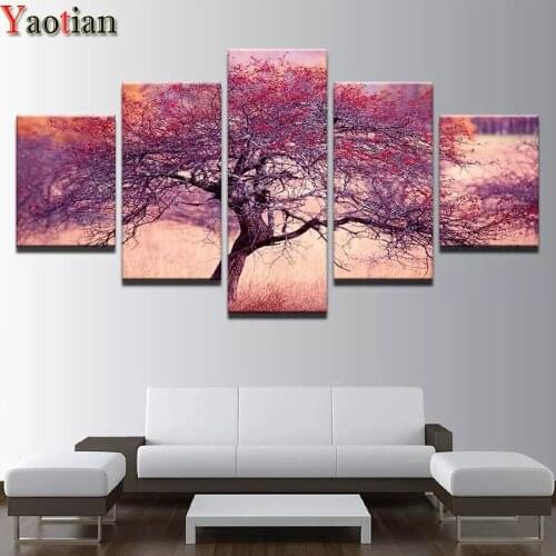 5 Panels Diamond painting Purple Red Tree landscape Full Square Round drill DIY Diamond Embroidery Cross stitch Kits mosaic art