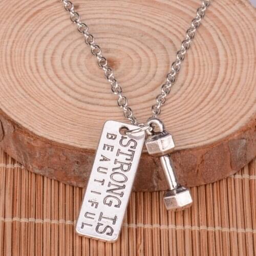 Bespmosp Weightlifting Barbell Dumbbell STRONG IS BEAUTIFUL Weight Chain Necklace Fitness Women Men Jewelry Gym Yoga Wholesale