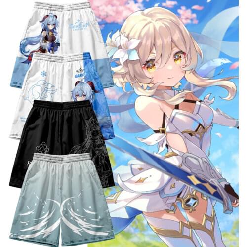 Game Genshin Impact Shorts Ganyu Printing Pants Keqing Paimon Five-Point Beach Pants Casual Loose Panties Men Women Summer
