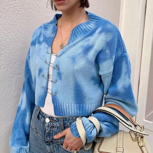 Women Tye Die Sweater Cardigan Sweater Outerwear Sweater Coats Long-Sleeve Chic Vintage Autumn Casual Tops Streetwear Tops