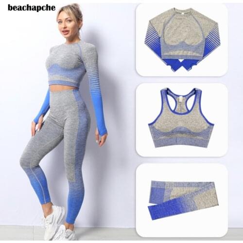 Beachapche Yoga Sets Women Gym Clothes Sportwear Fitness Long Sleeve Seamless High Waist Leggings Set 3 Pcs Sports