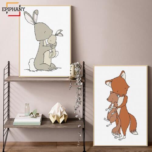 Fox Bunny Woodland Nursery Art Animal Mom and Baby Posters and Prints Canvas Art Painting Pictures Kids Bedroom Decoration