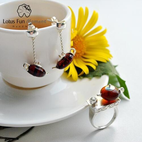 Lotus Fun Moment Real 925 Sterling Silver Natural Stone Handmade Fashion Vintage Cute Teapot Jewelry Set for Women Bijoux