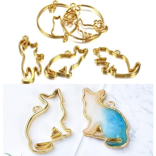 5pcs/set Metal UV Epoxy Resin Mold Cute Cat Frame For DIY Jewelry Making Necklace Pendant Kitten Cats Silicone Molds Tool Supply