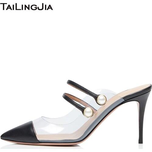 Closed Pointed Toe Mules Women High Heel PVC Pumps Ladies Clear Heels Transparent Dress Shoes Heeled Slippers Slides 2020