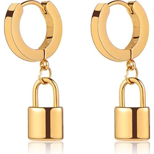 New Fashion Simple Punk Gold/Silver Color Lock Round Metal Ear clip For Women Long Chain Stainless Steel Earrings Jewelry Gifts