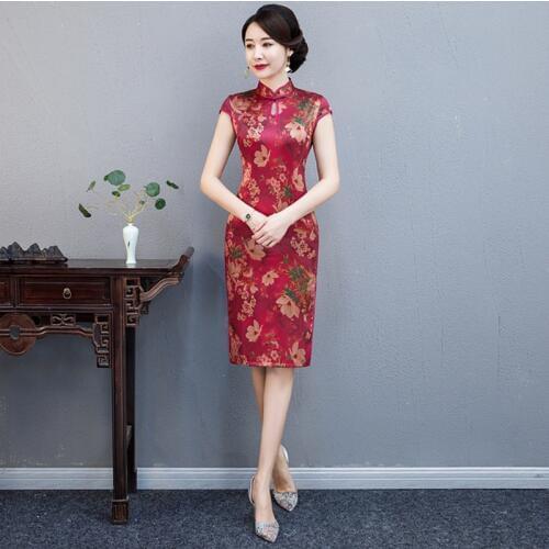 PLus Size 4XL Female Satin short Evening Cheongsam Chinese Womens Qipao Sexy Print Flower Dresses Vintage Button ZAYS521