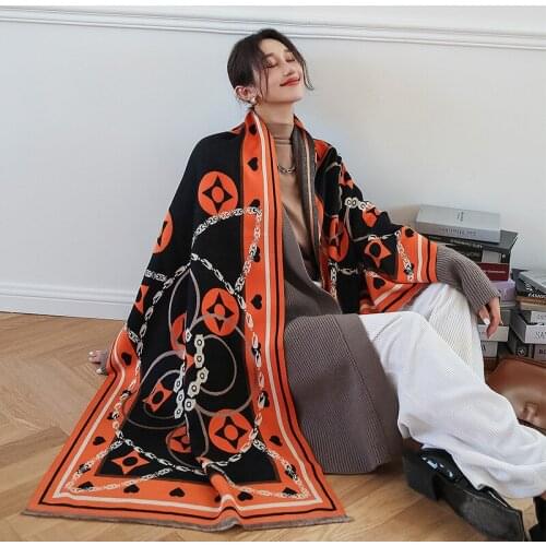 2021 autumn and winter new retro printed warm scarf women wild double-sided cashmere shawl scarf