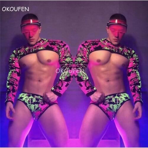New Mens Sexy Sequins Fluorescent Theme Party Gogo Costume Set Bar Nightclub DJ men women Dancer Group Performance Clothes