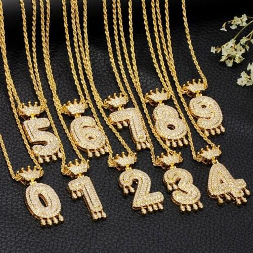 Neobling Crown Numbers Iced Out Pendant Necklace for Women Men Zircon Hip Hop Jewelry
