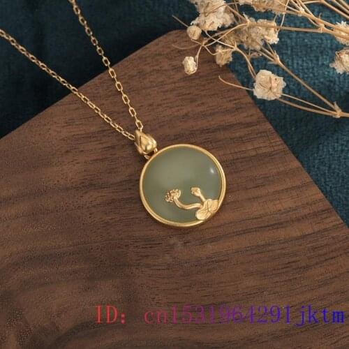 Green Jade Lotus Pendant Necklace Crystal Chinese 925 Silver Charm Jewelry Fashion Gifts Chalcedony Gemstone Women Natural