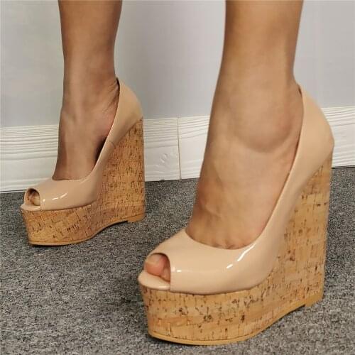 Sexy lady super high heel peep toe platform wedge shoes nude patent leather high platform pums wedges real photos plus size