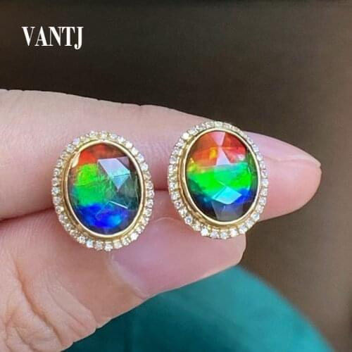 VANTJ Natural Ammolite Earring Sterling 18K Yellow Gold Ammonite Gemstone Diamond for Women Party Birthday Gift