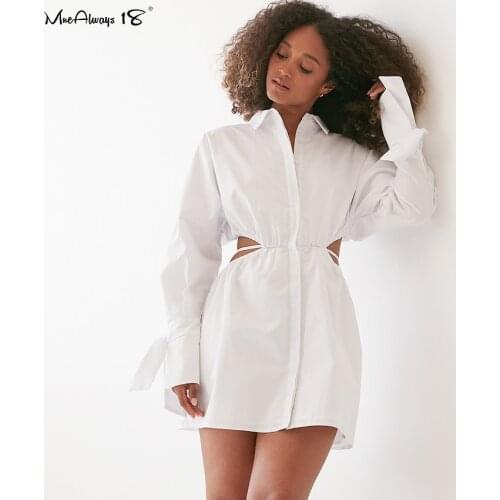 Mnealways18 Chic Women White Shirt Dress Sexy High Waist Hollow Out A-Line Dress Lapel Collar Ladies Lace-Up Summer Black Dress