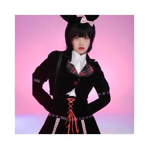 Spring Punk Girl Black Leather Splicing Short Jacket Red Plaid Single Breasted Long Sleeve Sweet Hot Girls Top Streetwear New