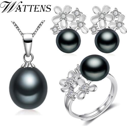 WATTENS Pearl Jewelry wedding engagement jewelry sets Natural Pearl pendant Necklace/Flower stud Earrings rings for women gift