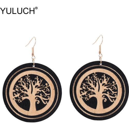 YULUCH 5 Color Hanging Jewelry Ethnic African Yellow Red Round Wooden Sculpture Life Tree Pendant Earrings For Women Lady Party