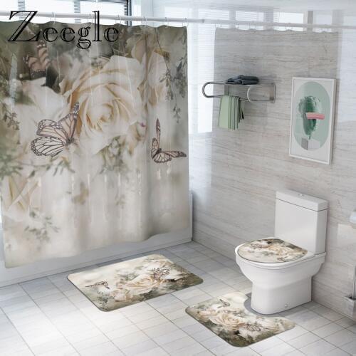 Zeegle Flower Pattern Shower Curtain Set Bathroom Curtains with Hooks Non Slip Pedestal Rug Lid Toilet Cover Mat Bath Mat Set