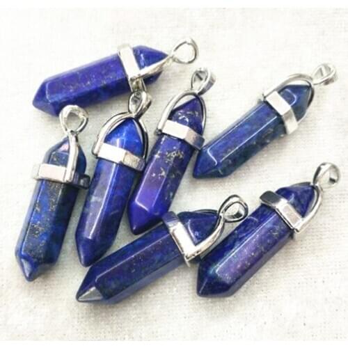 10pcs nature lapis lazuli stone bullet shape for women pendants making size 32x8mm hot selling accessories with silver alloy met