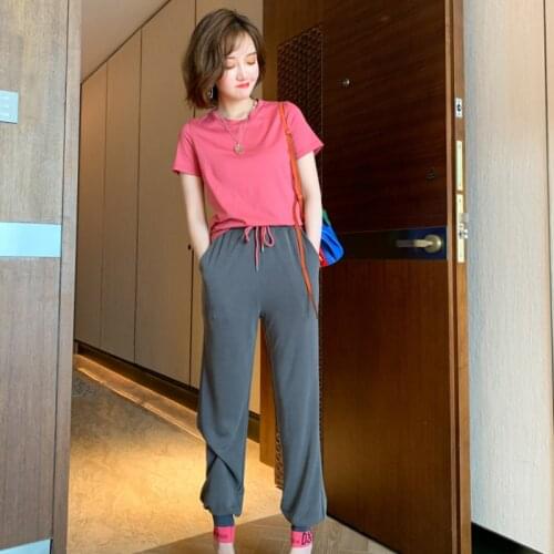 Awarose Women Casual Two Piece Sets 2021 Summer Women Solid Color Short Sleeve T-shirt + Sweatpants Famale Loose Soprt Suit