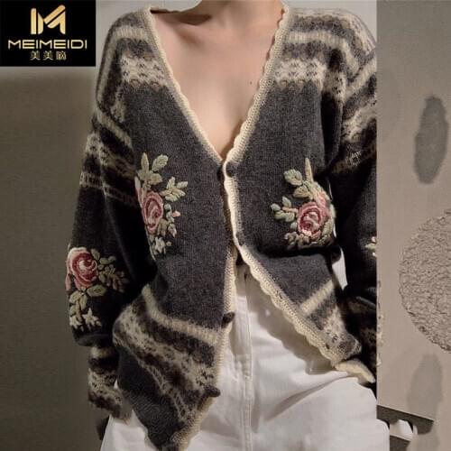 Cardigan Retro Knitted Cardigan Jacket Women 2020 New Autumn V-neck Embroidery Cropped Top Knitted Cardigan