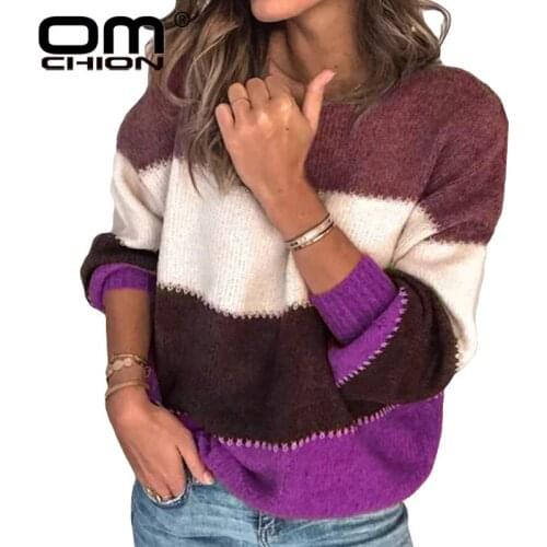 OMCHION Female Knitwear Casual Striped Patchwork Pullovers Women Clothing Autumn Winter Streetwear Loose Korean Sweater LSM11