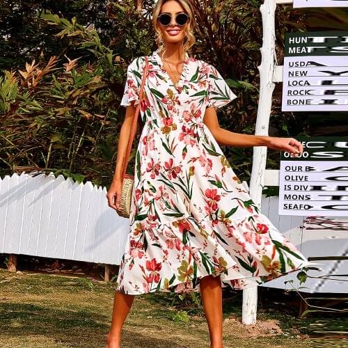 GypsyLady Flower Printed Women Dress Casual Summer Holiday Midi Dress Ruffles V-neck Sexy Chic Ladies Female Dresses New 2021